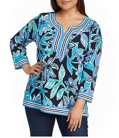 Multiples Plus Size Floral Stripe Split V-Neck 3/4 Sleeve Side Vents Top