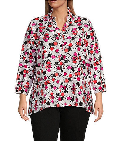 Multiples Plus Size Geometric Print Crinkle Woven Collard 3/4 Sleeve Button-Front Shirt