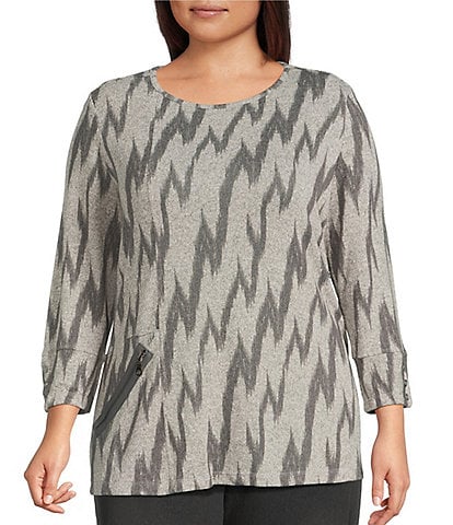 Multiples Plus Size Grey Print Scoop Neck 3/4 Sleeve Top