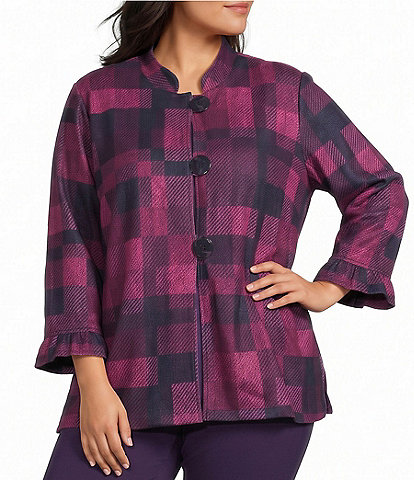 Multiples Plus Size Herringbone Knit Printed Stand Collar 3/4 Sleeve Button Front Jacket
