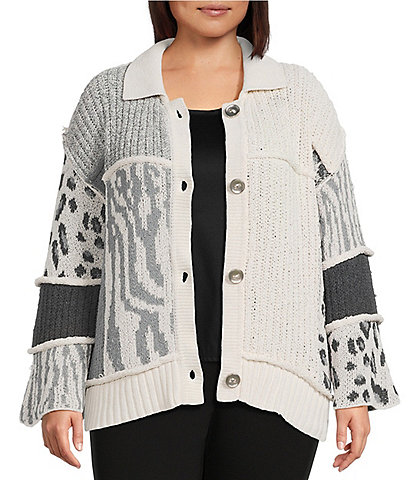 Multiples Plus Size Jacquard Knit Solid Mixed Animal Print Collared 3/4 Sleeve Button Front Cardigan
