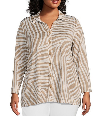 Multiples Plus Size Jacquard Knit Zebra Print Point Collar 3/4 Roll-Tab Sleeve Fitted Button-Front Shirt