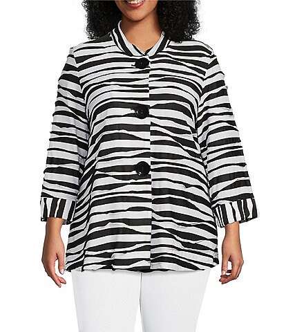Multiples Plus Size Jacquard Knit Zebra Print Stand Collar Flare Hem Jacket