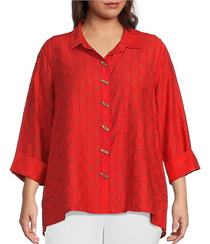 Multiples Plus Size Jacquard Point Collar 3/4 Sleeve Hi-Low Hem Button-Front Fitted Shirt