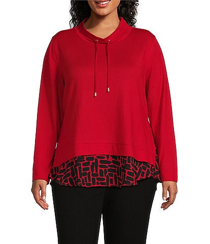 Multiples Plus Size Jersey Knit Georgette Solid Over Print Drawstring Mock Neck Long Sleeve Hi-Low Layered Hem Top