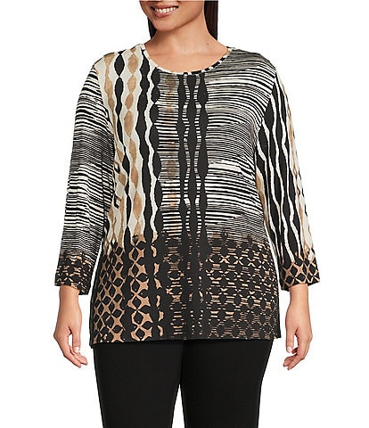 Multiples Plus Size Knit Color Block Stripe Geometric Print Embellished Neckline 3/4 Sleeve Top