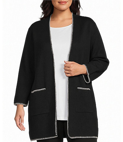 Multiples Plus Size Knit Contrast Stitch Shawl Collar 3/4 Sleeve Patch Pocket Open Front Cardigan