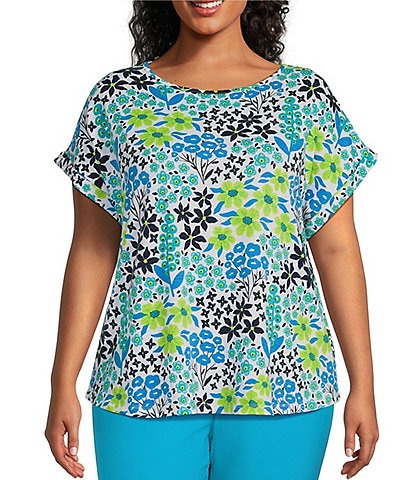 Multiples Plus Size Knit Floral Print Crew Neck Short Cuffed Sleeve Top
