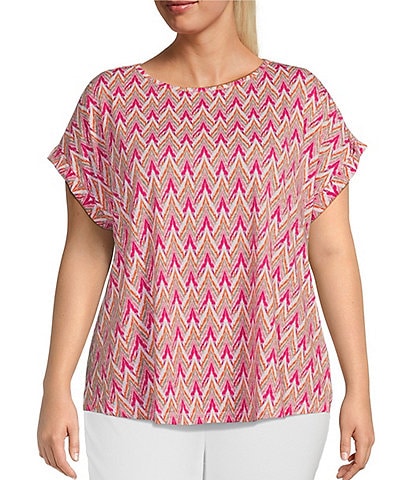 Multiples Plus Size Knit Ikat Print Round Neck Short Cuffed Sleeve Top