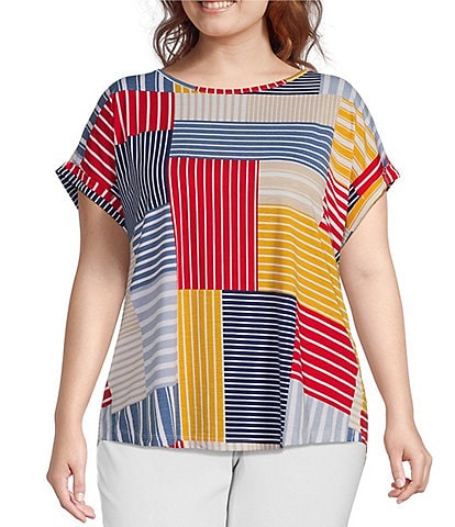 Multiples Plus Size Knit Patchwork Print Crew Neck Short Cuffed Sleeve Top