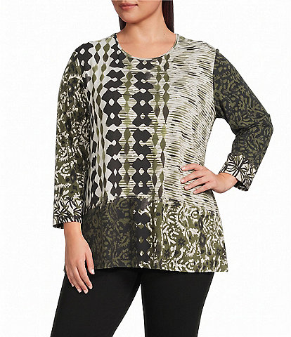 Multiples Plus Size Knit Printed Crew Neck 3/4 Sleeve Top
