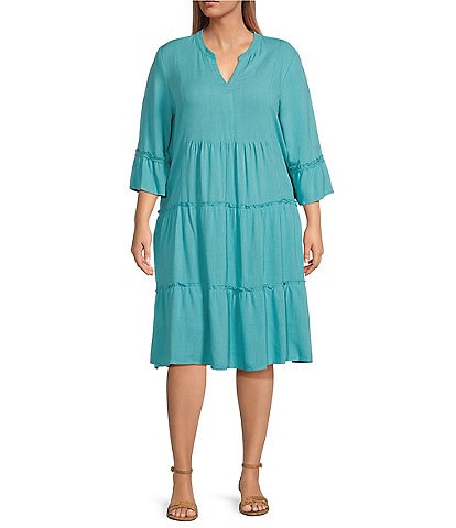 Multiples Plus Size Linen-Blend Round Split V-Neck 3/4 Sleeve Tiered Midi Dress