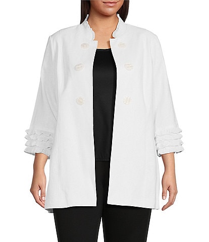 Multiples Plus Size Linen-Blend Stand Collar 3/4 Sleeve Double Button Jacket