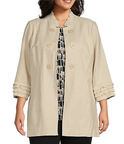 Multiples Plus Size Linen-Blend Stand Collar 3/4 Sleeve Double Button Jacket