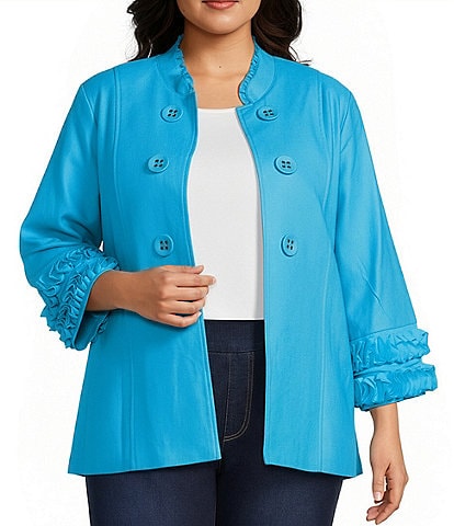 Multiples Plus Size Linen Blend Stand Collar 3/4 Sleeve Open-Front Jacket