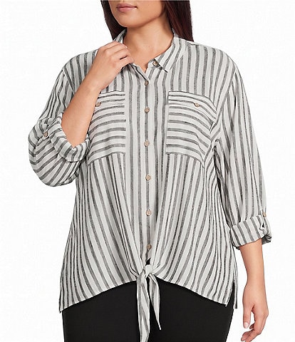 Multiples Plus Size Linen Blend Yarn Dye Stripe Point Collar Long Roll-Tab Sleeve Button Tie Front Shirt