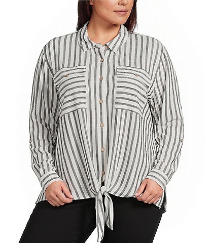 Multiples Plus Size Linen Blend Yarn Dye Stripe Point Collar Long Roll-Tab Sleeve Button Tie Front Shirt