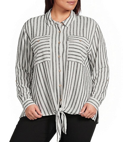Multiples Plus Size Linen Blend Yarn Dye Stripe Point Collar Long Roll-Tab Sleeve Button Tie Front Shirt