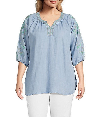Multiples Plus Size Lyocell Embroidered Elbow Raglan Sleeve Notch Neck Band Collar Hi-Low Hem Top