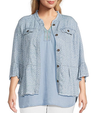 Multiples Plus Size Lyocell Printed Point Collar 3/4 Flounce Sleeve Button Front Peplum Jacket