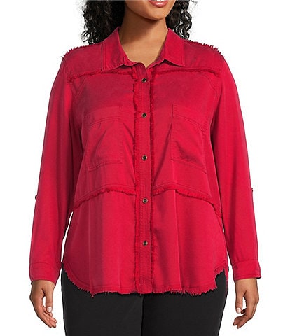 Multiples Plus Size Lyocell Twill Point Collar Long Roll-Tab Sleeve Button Front Fringed Shirt