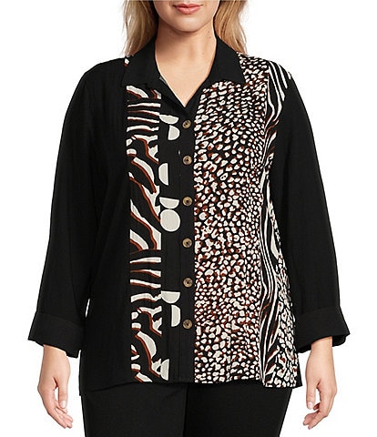 Multiples Plus Size Mixed Animal Print Point Collar Long Sleeve Turned Up Cuff Button Front Shirt