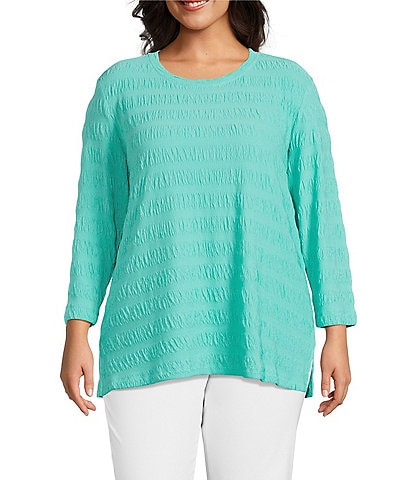 Multiples Plus Size Pucker Double Knit Jacquard Scoop Neck 3/4 Sleeve Fitted Top
