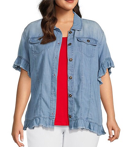 Multiples Plus Size Ruffled Trim Short Sleeve Button Front Lyocell Jean Jacket