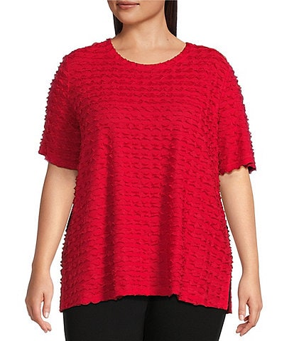 Multiples Plus Size Scoop Neck Elbow Sleeve Wave Knit Fitted Top