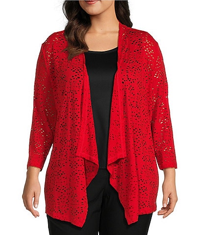 Multiples Plus Size Shawl Collar 3/4 Sleeve Draped Open Front Knit Cardigan