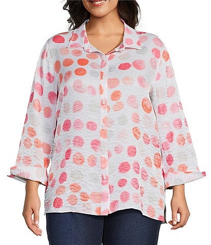Multiples Plus Size Shimmer Woven Dot Print Point Collar 3/4 Turn-Up Sleeve Button-Front Shirt