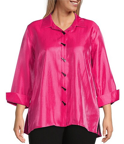 Multiples Plus Size Shimmer Woven Point Collar 3/4 Sleeve High-Low Button Front Shirt
