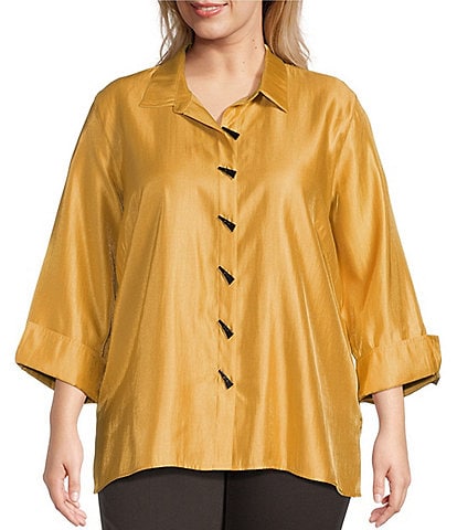 Multiples Plus Size Shimmer Woven Point Collar 3/4 Turn-Up Cuff Sleeve Hi-Low Hem Button Front Shirt
