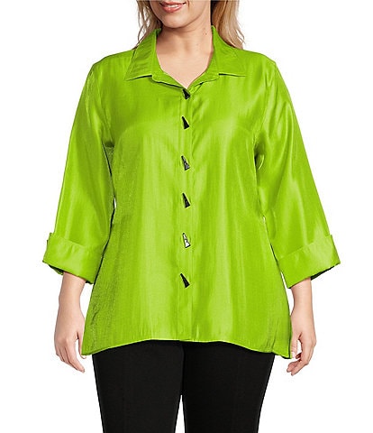 Multiples Plus Size Shimmer Woven Point Collar Turn Up Cuff 3/4 Sleeve High-Low Button-Front Shirt