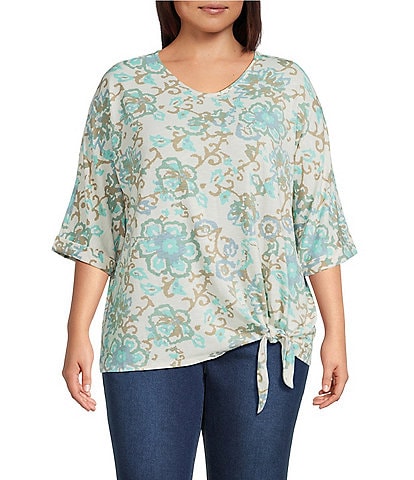 Multiples Plus Size Slub Batik Multi Printed V-Neck 3/4 Dolman Sleeve Top