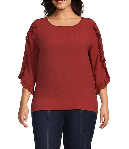 Multiples Plus Size Slub Crinkle Woven Scoop Neck 3/4 Ruffle Sleeve