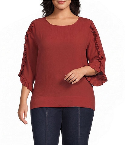 Multiples Plus Size Slub Crinkle Woven Scoop Neck 3/4 Ruffle Sleeve