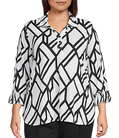 Multiples Plus Size Slub Jersey Knit Geometric Print Collared V-Neck 3/4 Sleeve Top