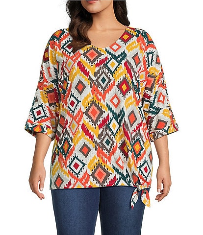 Multiples Plus Size Slub Knit Diamond Multi V-Neck 3/4 Dolman Sleeve Top