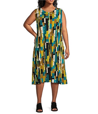 Multiples Plus Size Slub Knit Geometric Multi Scoop Neck Sleeveless A-Line Midi Tank Dress