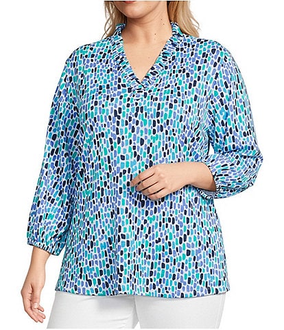 Multiples Plus Size Slub Knit Geometric Ruffled Y-Neck 3/4 Sleeve Top
