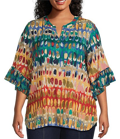 Multiples Plus Size Slub Knit Multi Print Banded Y-Neck Elbow Flounce Sleeve Top