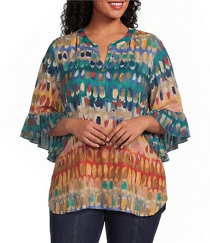 Multiples Plus Size Slub Knit Multi Print Banded Y-Neck Elbow Flounce Sleeve Top