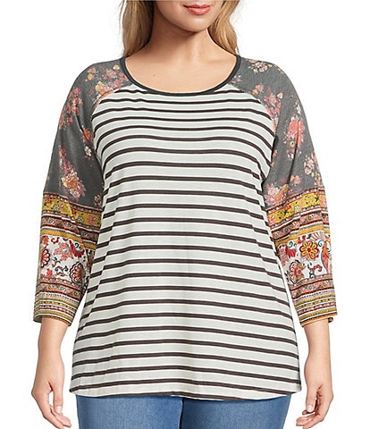 Multiples Plus Size Slub Knit Multi Printed Scoop Neck 3/4 Raglan Sleeve Top