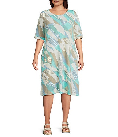 Multiples Plus Size Slub Knit Printed Scoop Neck Elbow Sleeve Dress