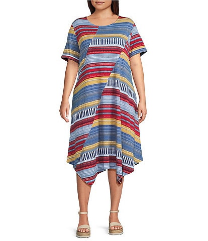 Multiples Plus Size Slub Knit Printed Scoop Neck Short Sleeve Handkerchief Hem Fit & Flare Dress