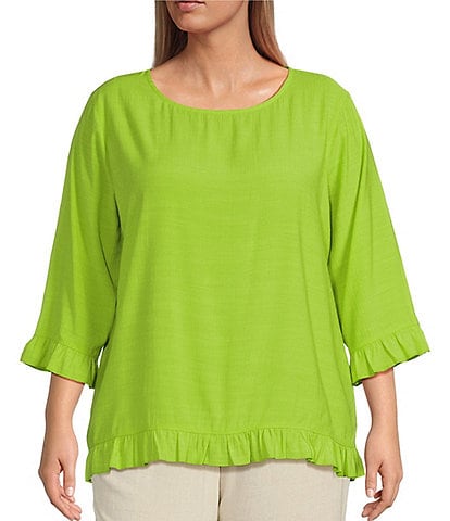 Multiples Plus Size Slub Woven Scoop Neck 3/4 Sleeve Ruffled Fitted Top