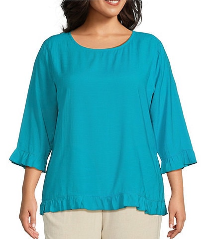 Multiples Plus Size Slub Woven Scoop Neck 3/4 Sleeve Ruffled Fitted Top