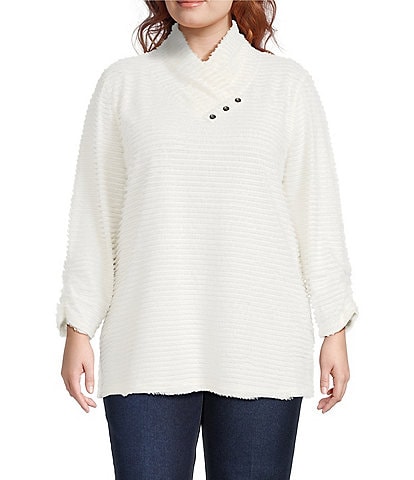Multiples Plus Size Soft Textured Striped Plush Rib Knit Wrap Collar 3/4 Bungee Sleeve Top