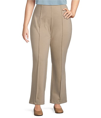 Multiples Plus Size Solid 4-Way Stretch Ponte Elastic No-Waist Pintuck Pull-On Ankle Pants